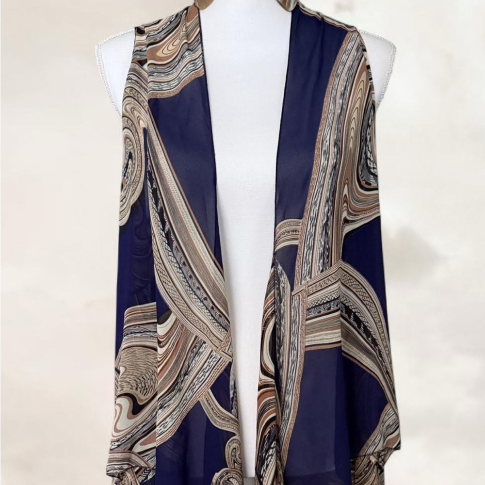Navy and Beige Patterned Sleeveless Vest